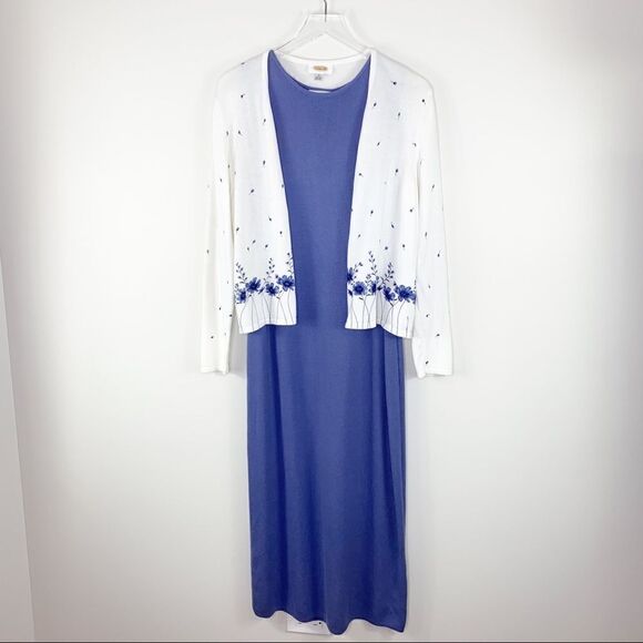 TALBOTS Sleeveless Scoop Neck Knight Maxi Dress w/White/Blue Floral V-Neck Cardi - Picture 1 of 16